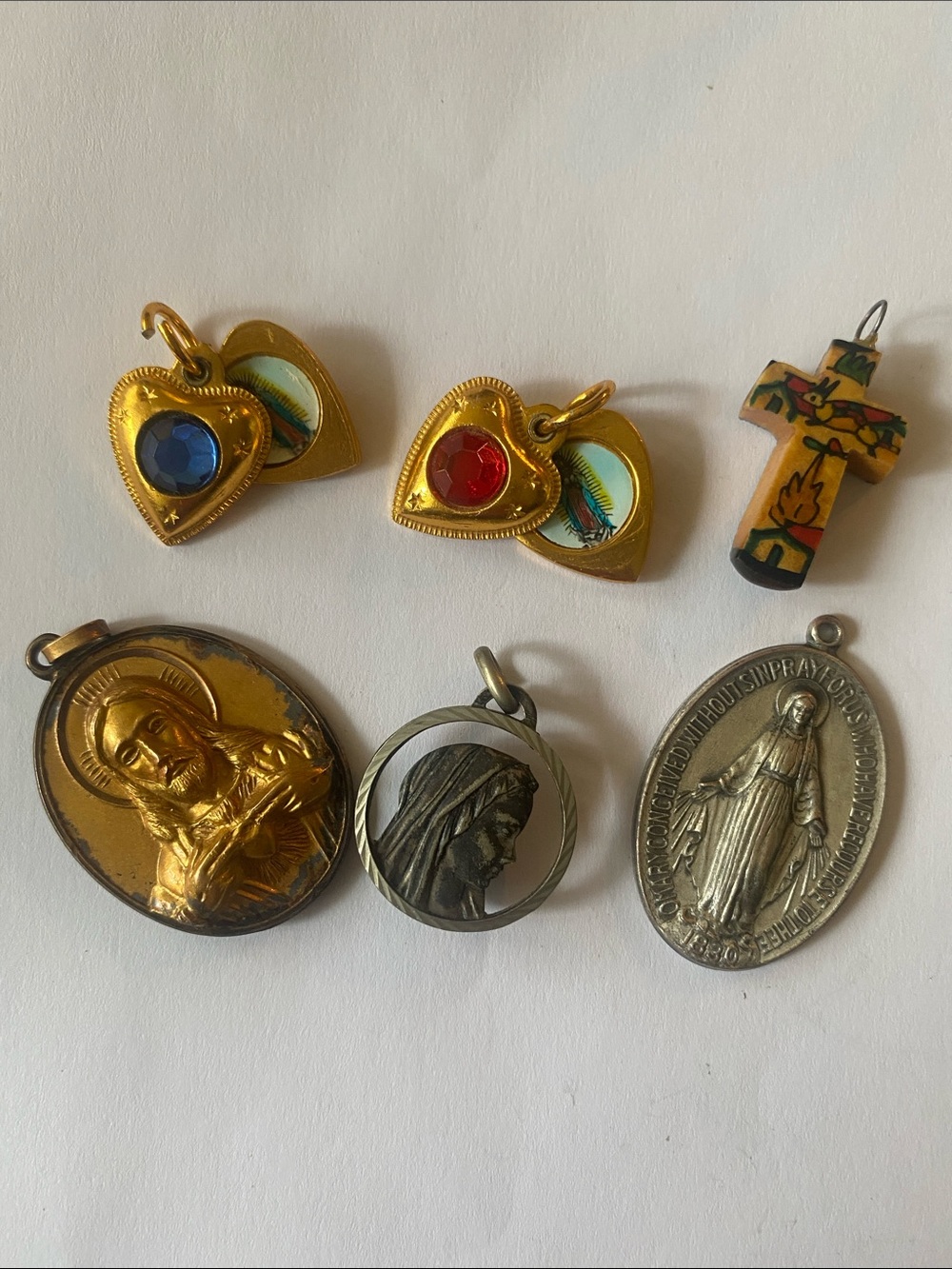 Religious Medal and Heart Locket Charm Set in Gold, Blue, Red